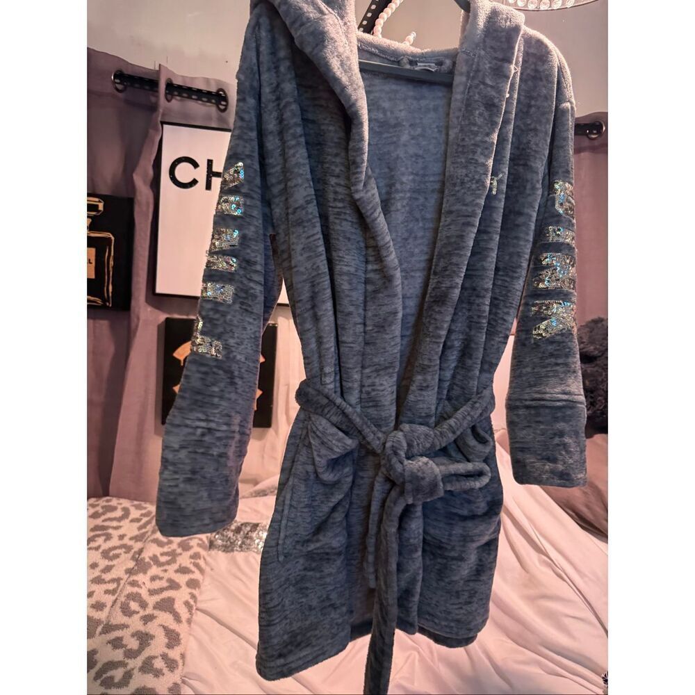 Victorias secret Vs PINK sherpa microfiber fleece hooded robe jacket bling - Picture 9 of 10